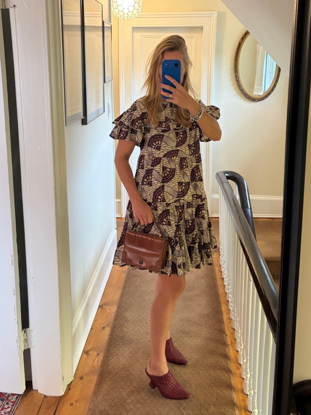 Ulla Johnson Plum and Cream Printed Ruffle Sleeve Dress
